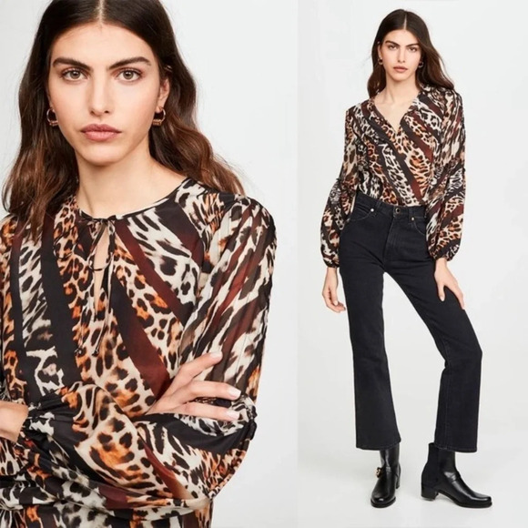 KOBI HALPERIN Fallon Mix Leopard Silk Blouse In Black Multi Small NWT - Picture 2 of 6
